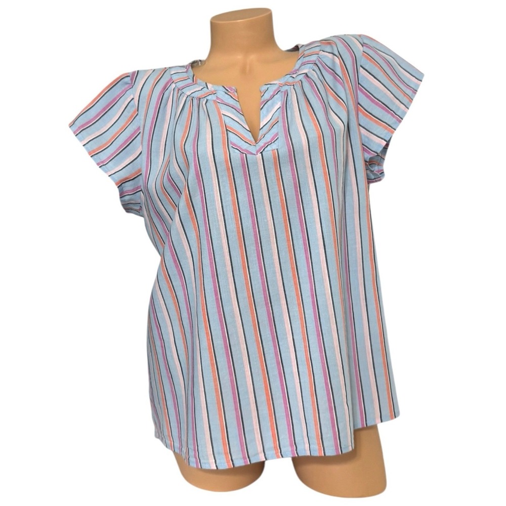 St Johns Bay Women's XXL PETITE Multicolor Striped Short Sleeve V Neck Top